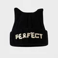 Kids black cat ear knit beanie with white PERFECT embroidery and warm thick lining - Black