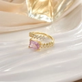 Detail of adjustable gold ring with emerald-cut pink stone and micro-pave diamonds - Rectangle Pink Stone (JZ0113)