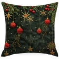 Close-up of linen Christmas pillowcase featuring dark green fabric and festive embroidery - 45*45cm (Insert Not Included) / Dark Green Ball