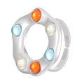 Silver flower ring with colorful gemstones in orange blue and white inlay - Silver Six Color Gem Round Ring (K-080)