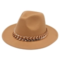 Detailed view of camel felt fedora hat with a chunky oversized gold acrylic chain link - Camel