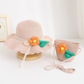 Cute children straw hat and bag set with floral decor for summer outdoor sun protection - Kids One Size / Pink / Hat and Bag Set