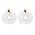Close-up of handmade white woven bohemian hoop earrings with golden studs and sequins - White