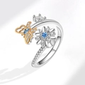 Adjustable silver butterfly ring with blue zircon stones and floral accents - AJ706 Silver Butterfly Flower