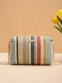 Colorful striped straw crossbody bag with golden chain strap and metallic buckle closure - Blue