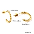 Close-up of gold plated stainless steel twisted C-shape hoop earrings with dimensions - Gold Cable Style