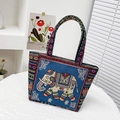 Borsa tote etnica in broccato blu scuro con ricamo di elefante in filo d'oro - Elefante blu