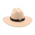 British style wide brim fedora hat in beige wool with ethnic band and silver bull head charm - Beige
