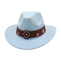 Detail of light blue felt cowboy hat with embroidered floral leather band and bronze disc - Sky Blue (Pink Flower Leather Band)