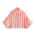 Detailed view of orange striped poplin shirt with structured puff sleeves and button front - S / Orange Stripe