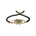 Adjustable gold Evil Eye bracelet with blue crystals and black braided rope on white background - Black Milan Rope / Black