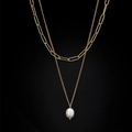 Double-layered gold paperclip chain necklace with an oval white freshwater pearl pendant - H6007 Double Layer Paperclip Pearl Necklace Gold