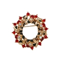 Festive Christmas wreath brooch with red and green rhinestones in golden metal finish - YNCP4789-2