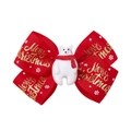 Detail of red Christmas hair bow with white polar bear and golden Merry Christmas text - Red Polar Bear Style