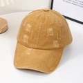 Distressed mustard yellow cotton baseball hat with vintage worn details and adjustable strap - Yellow
