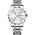 Silver stainless steel quartz watch with diamond markers and faceted geometric band design - Silver Band White Dial Men