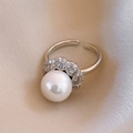 Luxurious adjustable cross ring with large white pearl and pavé crystals on silk background - Large Pearl Fan-Shaped Zirconia Style (52# Silver)