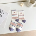 White cotton crew socks with pink and blue stripes and floral embroidery detail - One Size / Pink Small Flower