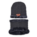 Winter knit beanie and neck warmer set with thick fleece lining in dark grey finish - Grey Beanie Hat Scarf Set