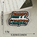 Happy Camper embroidered patch for clothing with orange and cyan lettering on white border - Happy Camper Letters