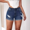 Short en jean taille haute bleu foncé pour femme avec détails déchirés et ourlet revers - L / Bleu foncé