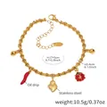 Details von Bambus-Armband mit Chili-Herz-Marienkäfer-Anhängern und Größenangaben - Gold DIY Charm-Armband (Chili/Herz/Marienkäfer/Glocke)