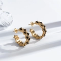 Elegant gold C-shape titanium steel earrings with black gemstone and white micro-diamonds - C-Shape Round Black Gem Earrings