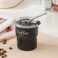 Black stainless steel camping cup with straw and transparent lid on coffee bean background - Cup + Lid + Straw / Black