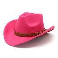 Detail of rose red felt cowboy hat featuring a brown suede band and metal buckle accents - M (56-58cm) / Rose Red