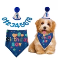 Blue dog birthday party kit with Birthday BOY scarf, sequin hat and number patches - Dark Blue Hat + Paw Print Bandana + Dark Blue Numbers
