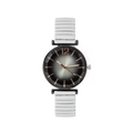Detail of white elastic stretch band and black gradient dial on women's quartz watch - White