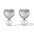 Detail showing brushed silver heart studs with elegant white round pearls on white background - Silver