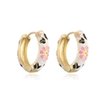 Detailed view of 18K gold-plated hoop earrings with white enamel and pink flower pattern - White Enamel Butterfly Flower (42445)