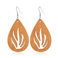 Macro detail of teardrop-shaped hollow wooden earrings with brown geometric patterns - Style 31/Teardrop Abstract Pattern Hollow