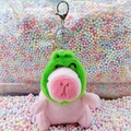 Pink plush capybara keychain with green frog hood and silver lobster clasp - Frog Hat Pink + Silver Clip