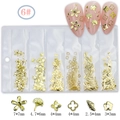 Detailweergave van gouden nagelbedeltjes in zes vormen zoals bloemen met afmetingen - GZMD-06 Gouden Bloemen Bladeren