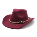 Detail of burgundy wool felt cowboy hat with beige braided rope and gold beads decoration - Burgundy