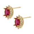 Close-up of gold halo earrings with oval red ruby stone and white zircon pave setting - Gold Rose Red Zirconia