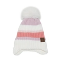 Winter striped knit hat for kids with ear flaps, pink stripes and a white faux fur pompom - M(52-54cm) / Pink