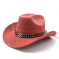 Detail of terracotta suede fedora featuring a studded leather band and sun motif buckle - M (56-59cm) / Brick Red