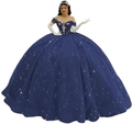 Elegante marineblauwe off-shoulder baljurk met glinsterende lovertjes en geborduurde bloemen - XS / Marineblauw met sleep