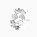 Silver leaf shaped stainless steel adjustable ring with open bypass branch design - Steel Ring 146
