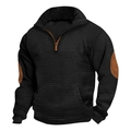 Schwarzes Waffelstrick-Herren-Sweatshirt mit Reißverschlusskragen und braunen Ellbogen-Patches - S / Schwarz