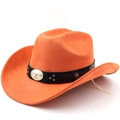 Detail of orange suede cowboy hat featuring bull skull buckle and star studs - M (56-58cm) / Orange