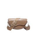 Borsa a sella in vernice beige con ampia tracolla in tessuto e scritta frontale - Cachi
