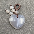 Handcrafted heart-shaped grey agate pendant with brown braided cord and small agate beads - Grey Agate
