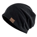 Classic black knitted slouchy beanie with a brown F&S leather label for men and women - Thin Style / Black