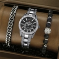 Men's luxury business gift set featuring silver iced-out quartz watch and bracelets - Black & Silver Set