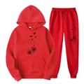Survêtement polaire rouge avec sweat à capuche imprimé pissenlit et jogging - S (L) / Haut Et Bas / Imprimé Pissenlit et Oiseaux Rouge