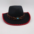 Black Western cowboy hat with red stitched edges and blue turquoise stone band - One Size / Black With Red Edge (Cross Rope)